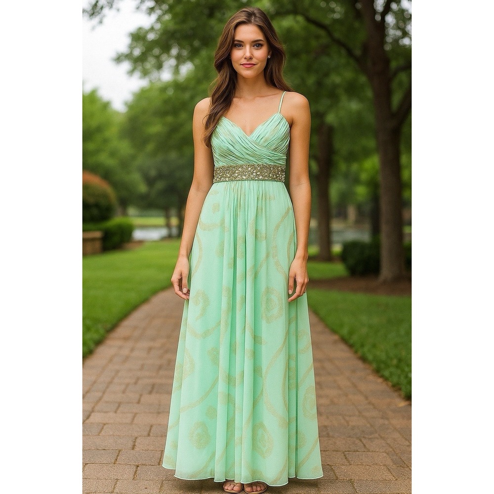 Vtg Betsy Adam Maxi Prom Dress Gown 6‎ Seafoam Green Embellished Babydoll Y2K